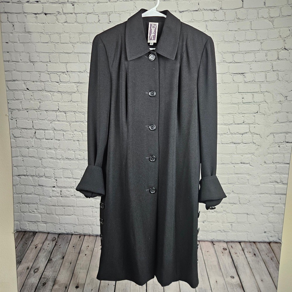 Zelda Womens Black Button Front Trench Coat Pleated Back Made in USA Size 6